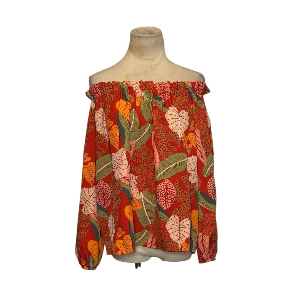 Shein orange red floral off shoulder long sleeves blouse size Large